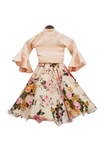 Girls Peach Tie Knotte Top With Floral Print Lehenga