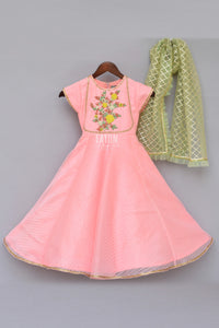 Girls Peach Anarkali Dress With Mint Green Dupatta