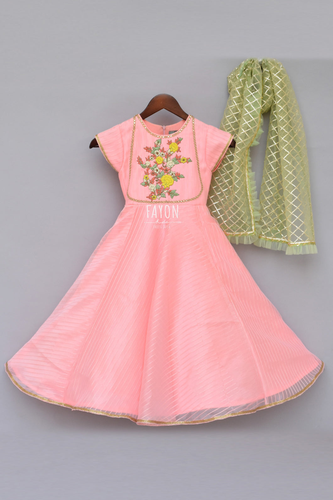 Kids Anarkali: Girls Peach Anarkali Dress With Mint Green Dupatta | Perfect Panache 7 Years Kids Anarkali: Girls Peach Anarkali Dress With Mint Green Dupatta | Perfect Panache 7 Years