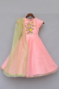 Girls Peach Anarkali Dress With Mint Green Dupatta