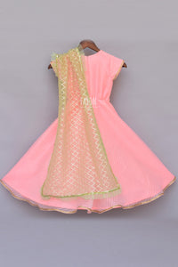 Girls Peach Anarkali Dress With Mint Green Dupatta