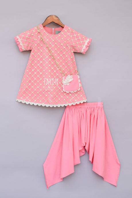 Girls Peach Bottie Net Kurti With Dhoti