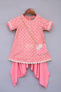 Girls Peach Bottie Net Kurti With Dhoti