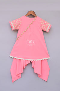 Girls Peach Bottie Net Kurti With Dhoti