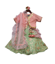 Load image into Gallery viewer, Girls Peach Choli With Green Gota Lehenga