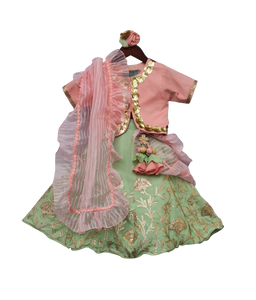 Girls Peach Choli With Green Gota Lehenga