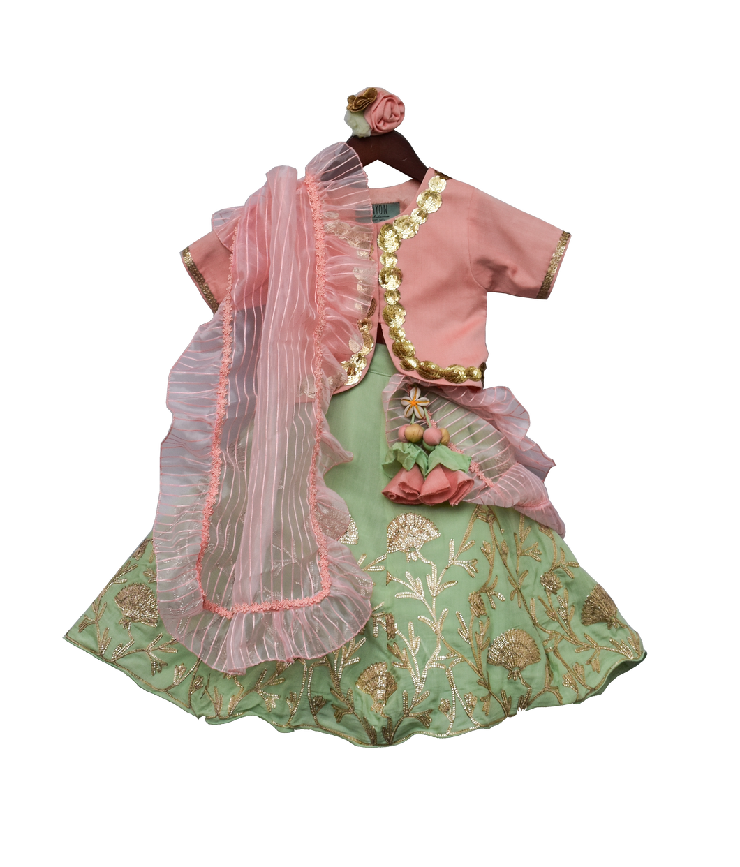 Girls Peach Choli With Green Gota Lehenga