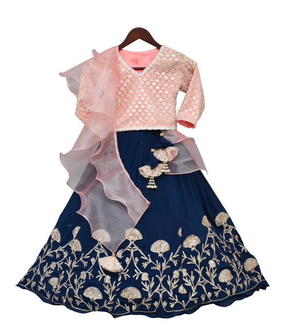 Girls Peach Embroidery Choli With Blue Gota Lehenga