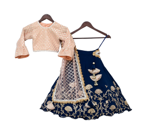 Girls Peach Embroidery Choli With Blue Gota Lehenga & Gota Work Dupatta
