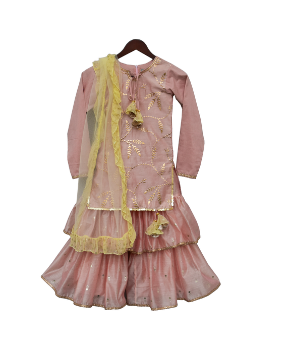 Girls Peach Embroidery Kurta With Peach Sharara