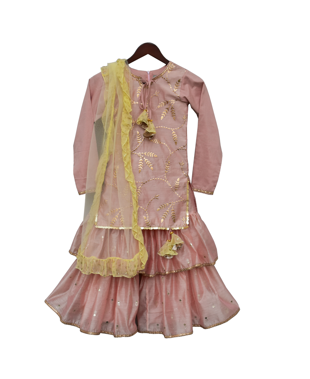 Girls Peach Embroidery Kurta With Peach Sharara