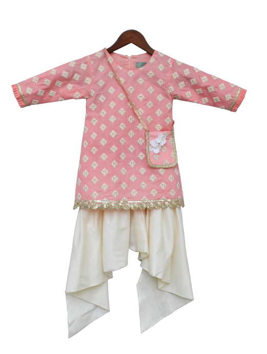 Girls Peach Embroidery Kurti With Dhoti