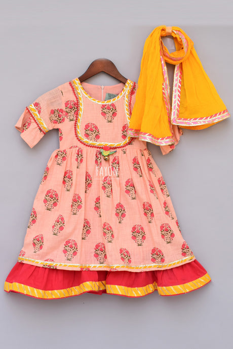 Girls Peach Flower Print Anarkali With Yellow Dupatta