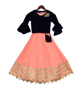 Girls Peach Gota Anarkali Dress With Dark Blue Jacket