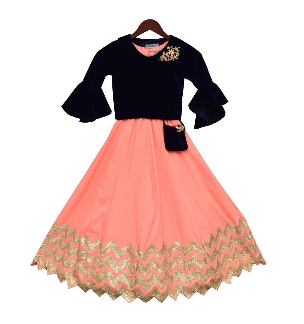 Girls Peach Gota Anarkali Dress With Dark Blue Jacket