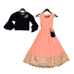 Girls Peach Gota Anarkali Dress With Dark Blue Jacket