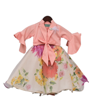 Load image into Gallery viewer, Girls Peach Knotted Top With Ivory Printed Lehenga
