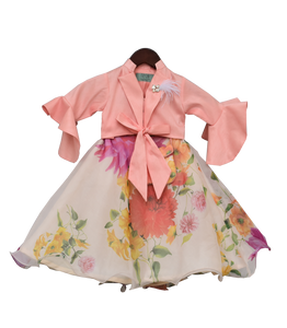 Girls Peach Knotted Top With Ivory Printed Lehenga