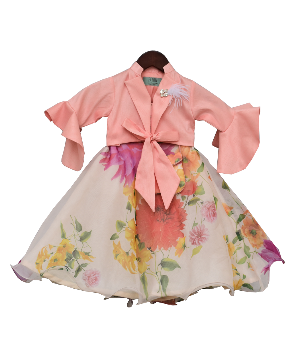 Girls Peach Knotted Top With Ivory Printed Lehenga