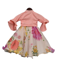 Load image into Gallery viewer, Girls Peach Knotted Top With Ivory Printed Lehenga