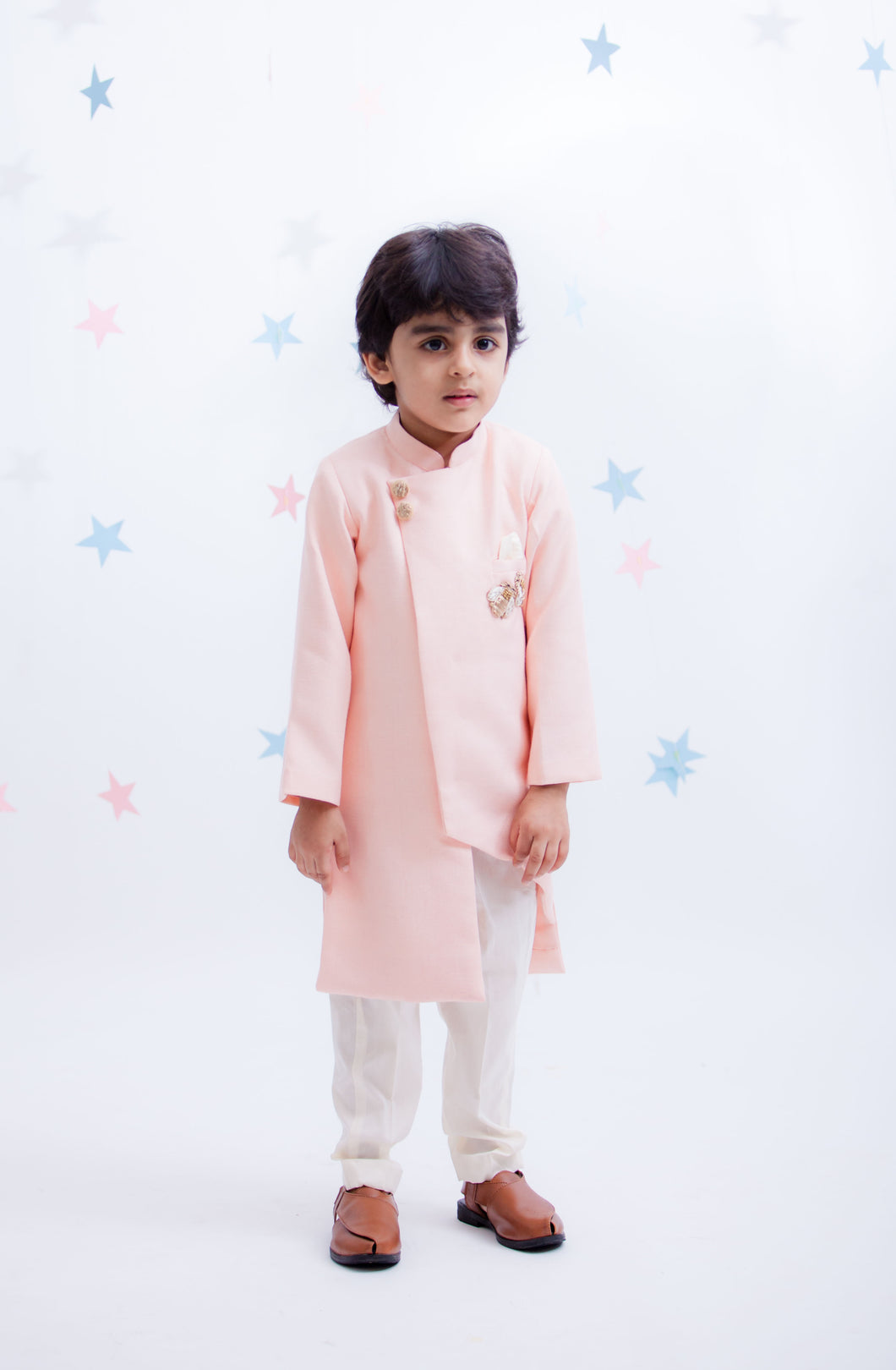 Boys Peach Linen Ajkan With Pant