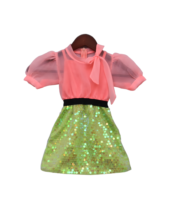 Girls Peach Organza And Sequins Dress