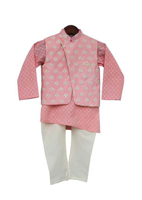 Boys Peach Printed Kurta With Nehru Jacket & Churidar