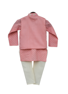 Boys Peach Printed Kurta With Nehru Jacket & Churidar