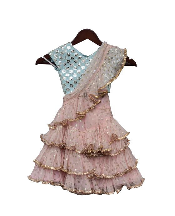 Girls Peach Chiffon Saree With Blue Top