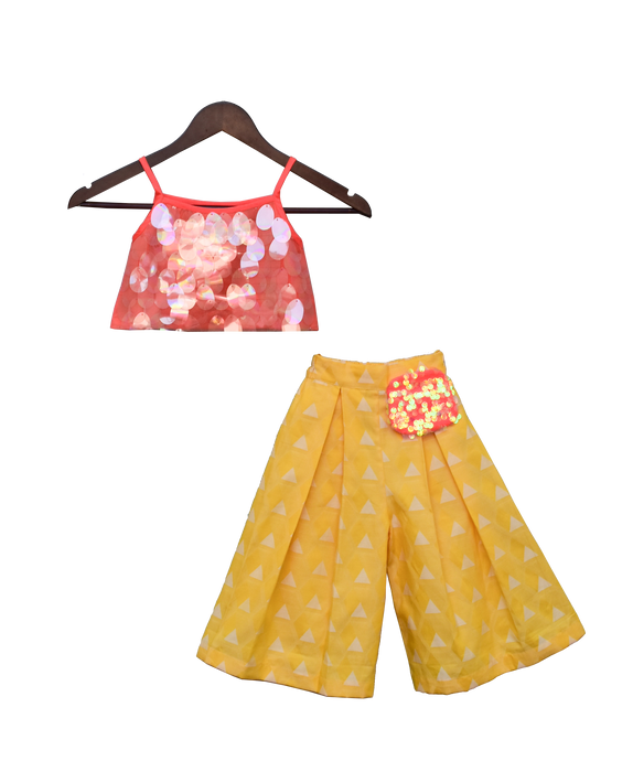 Girls Peach Soft Sequence Top With Printed Plazo