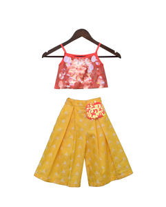 Girls Peach Soft Sequence Top With Printed Plazo