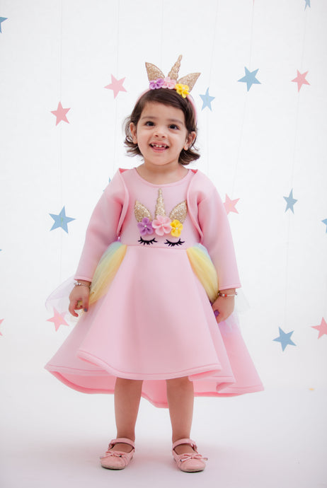 Girls Peach Unicorn Dress