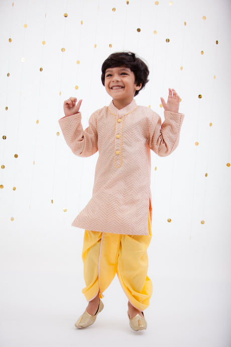 Boys Peach Zig Zag Gota Kurta & Yellow Dhoti