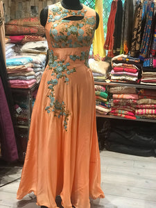 Peachish Orange Gown Bird Embroidery