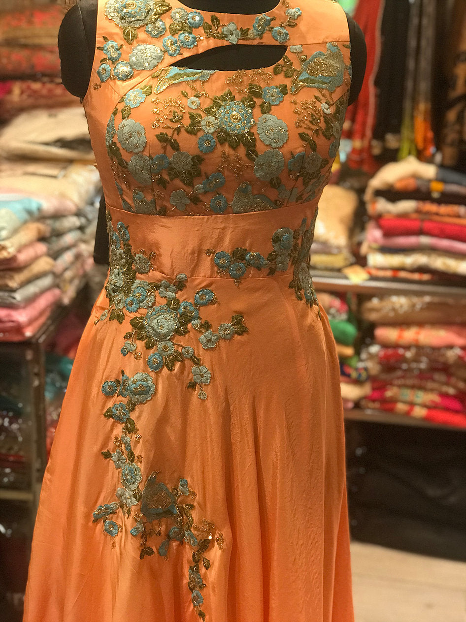 Peachish Orange Gown Bird Embroidery