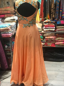 Peachish Orange Gown Bird Embroidery