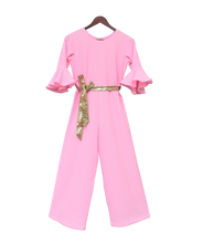 Load image into Gallery viewer, Girls Pink Georgette Jumpsuit With Gold Sequence Belt