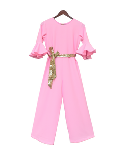 Girls Pink Georgette Jumpsuit With Gold Sequence Belt