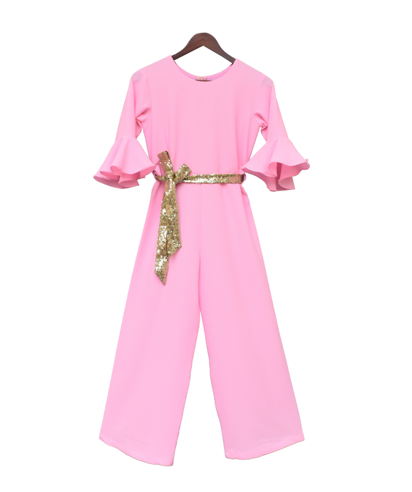 Girls Pink Georgette Jumpsuit With Gold Sequence Belt