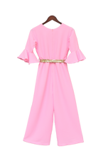 Load image into Gallery viewer, Girls Pink Georgette Jumpsuit With Gold Sequence Belt