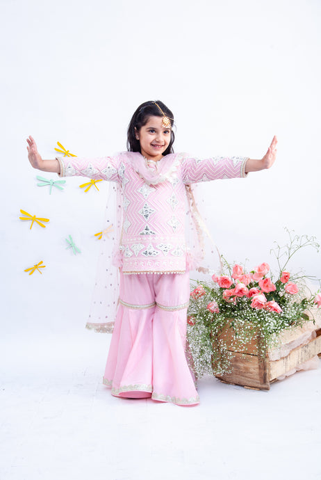 Girls Pink Gota Embroidery Kurti With Sharara