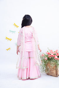 Girls Pink Gota Embroidery Kurti With Sharara