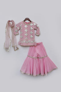 Girls Pink Gota Embroidery Kurti With Sharara