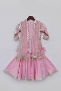 Girls Pink Gota Embroidery Kurti With Sharara