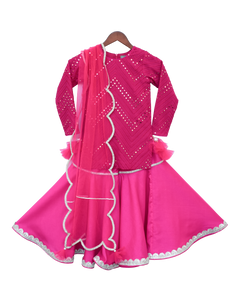 Girls Pink Mirror Work Kurti With Sharara