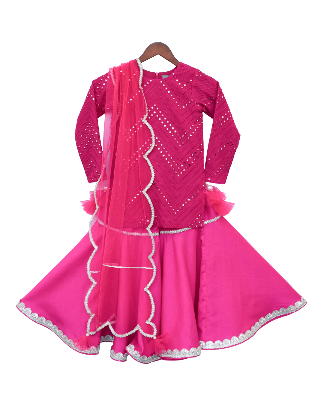 Girls Pink Mirror Work Kurti With Sharara