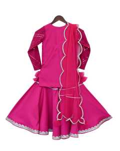 Girls Pink Mirror Work Kurti With Sharara