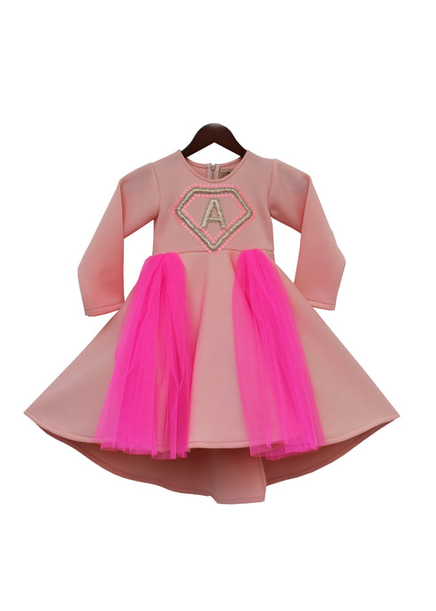 Girls Pink Neoprene Frock With Hot Pink Net And Initial