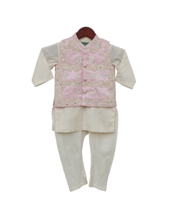 Boys Pink Embroidery Jacket With Offwhite Kurti And Churidar