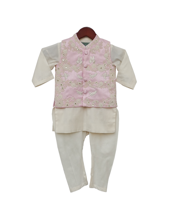 Boys Pink Embroidery Jacket With Offwhite Kurti And Churidar